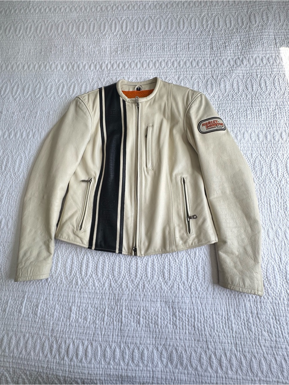Harley-Davidson Cream and Black Leather Jacket with Orange Liner size Small